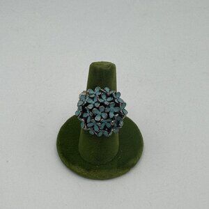 Silver-Tone Floral Stretch Cocktail Ring With Blue Enamel Flowers